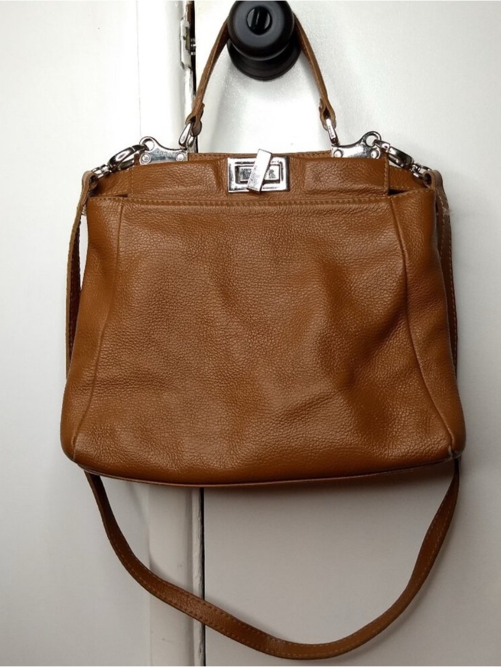 Vera Pelle Brown Leather Tote Crossbody Top Handle Silver Hardware Pockets